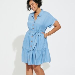 Torrid Mini Chambray Tiered Shirt Dress Collared Neckline Rolled Sleeve Size 4